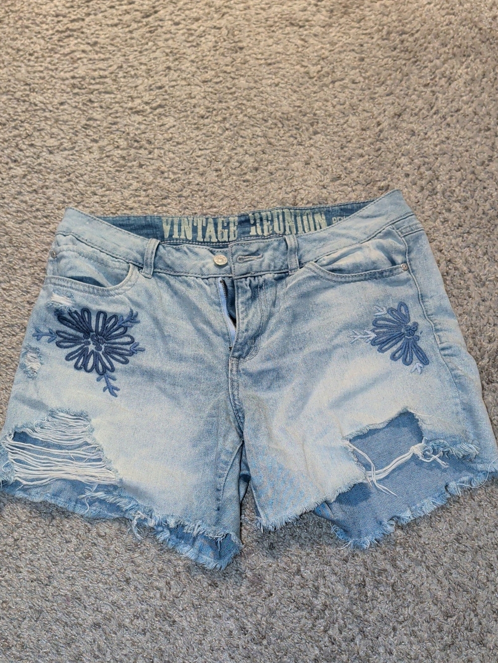 Vintage Light Blue Denim Shorts with Navy Floral Embroidery